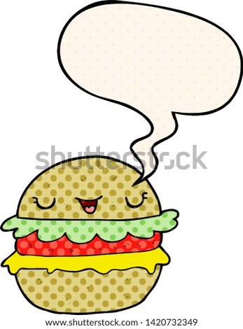 cartoon burger with speech bubble in comic book style
