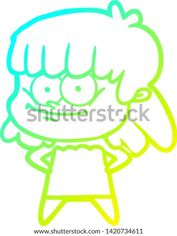cold gradient line drawing of a cartoon smiling woman
