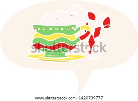 cartoon christmas cocoa with candy canes with speech bubble in retro style