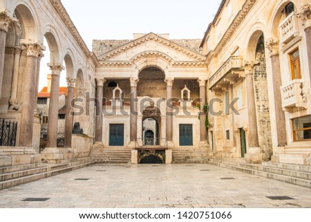Croatia, Split, morning at the Peristyle square inside palace of Roman Emperor Diocletian, popular tourist site Royalty-Free Stock Photo #1420751066