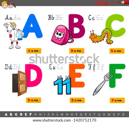 Cartoon Illustration of Capital Letters Alphabet Educational Set for Reading and Writing Practise for Kids from A to F