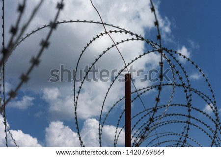 old barbed wire wrapped in spiral, blue sky background, prison zone or military-guarded state border