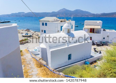 Traditional white church in Klima village in Milos island, Greece