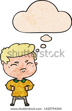 cartoon annoyed man with thought bubble in grunge texture style