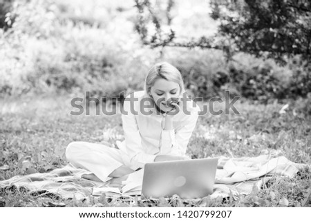 Steps to start freelancing business. Woman with laptop or notebook sit on rug green grass meadow. Business lady freelancer work outdoors. Online business ideas concept. Business picnic concept.