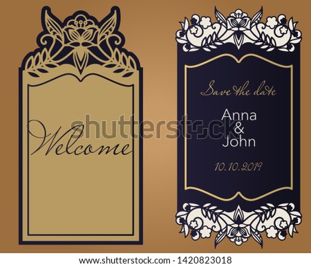 Laser cut paper for wedding design. Invitation template, save the date, personalized wedding card with floral pattern in vintage style. Envelope with ornate abstract ornament for greeting cards. 