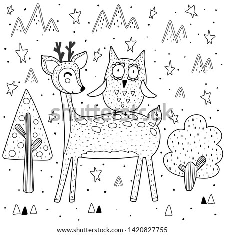 Best friends coloring page with funny deer and owl. Vector illustration