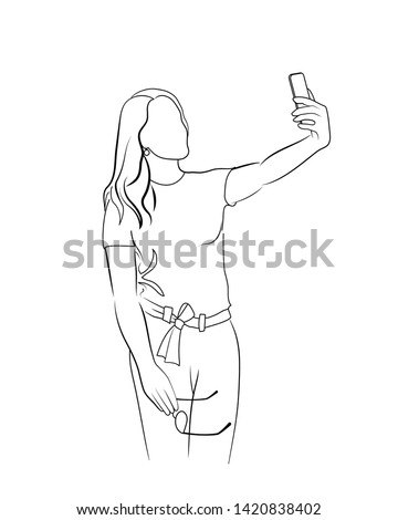 Continuous drawing of one line. Selfie. Beautiful woman, lovely girl, vector illustration, takes a picture of herself, holds a smartphone, for an online story or streaming