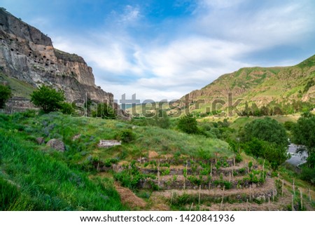 View of Vardzia caves. Vardzia is a cave monastery site in southern Georgia, excavated from the slopes of the Erusheti Mountain on the left bank of the Kura River. Travel