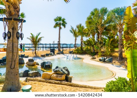 La Mer or Jumeira beach is a public beach in Dubai city in UAE Royalty-Free Stock Photo #1420842434