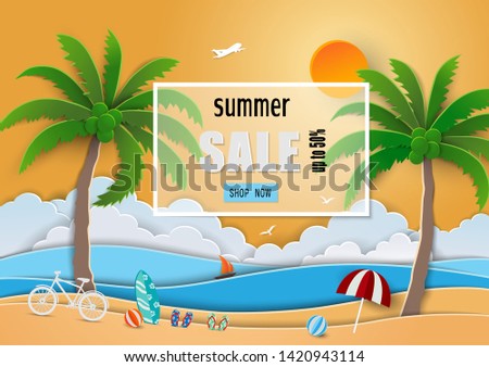 Summer sale background design with paper cut tropical beach 