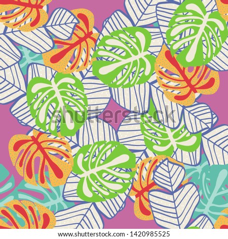 Tropical leaf floral seamless pattern. Background with tropical leaves. Exotic print for swimsuits. Floral seamless pattern.