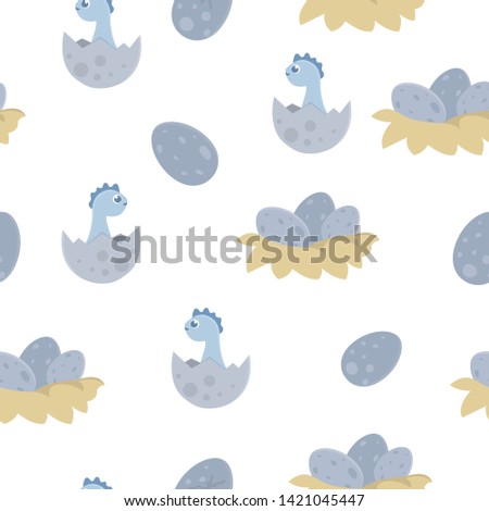 Vector dinosaur seamless pattern for children. Dino flat cartoon background with baby dinos in nests, and eggs. Cute prehistoric reptiles illustration.
