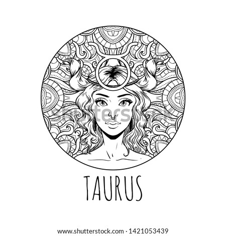Taurus zodiac sign artwork, adult coloring book page, beautiful horoscope symbol girl, vector illustration