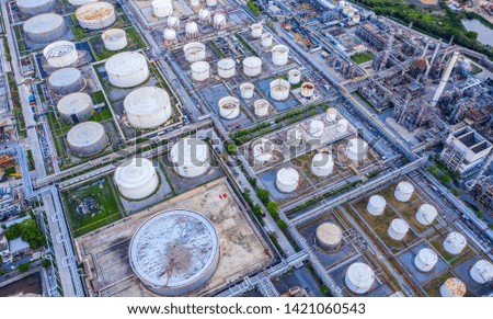 Oil storage tank with oil refinery background, Oil refinery plant at day. Aerial view from drone top view