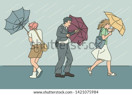 On the rainy day, the umbrella of people walking down the road is turning into a strong wind. hand drawn style vector design illustrations.  Royalty-Free Stock Photo #1421075984