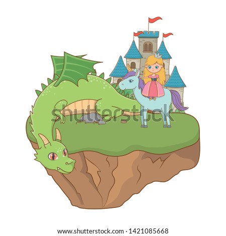 Medieval princess unicorn and dragon of fairytale design vector illustration
