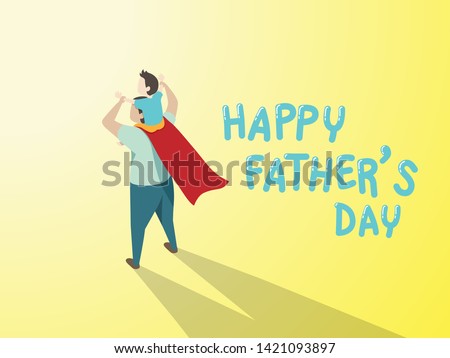 vector of happy father's day greeting card. Dad in superhero's costume giving son ride on shoulder with text happy father's day on yellow background Royalty-Free Stock Photo #1421093897