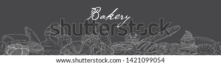 Bakery border with hand drawn elements on a chalkboard background. Vector icons in black and white sketch style. Hand drawn isolated objects