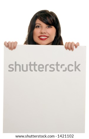 Friendly smiling woman holding blank white sign, ready for text or imagery. eg: sales, advertising, merchandising, marketing