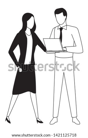 Business partners working with office laptop in black and white isolated faceless avatar vector illustration graphic design