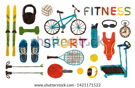 Set of plasticine sport and fitness equipment isolated on white background. Handmade clay putty shoes, bicycle, game accessories, etc.