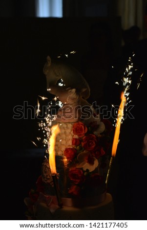 Bright decoration with flares of a wedding cake in the dark