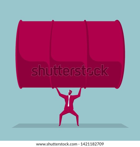 Businessman carrying oil drums. Isolated on blue background.