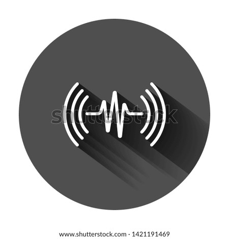 Sound wave icon in flat style. Heart beat vector illustration on black round background with long shadow. Pulse rhythm business concept.