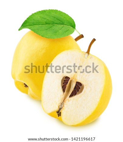Whole and halved apple-quinces isolated on white background.