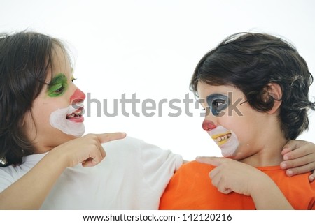 Portrait of two happy funny clown little boys