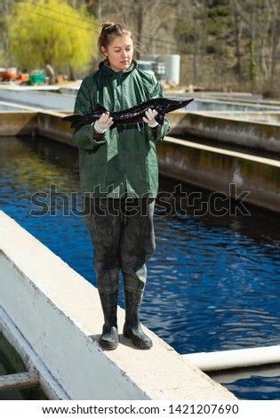Proud young female owner of fish farm standing near pools with fresh sturgeons in hands

