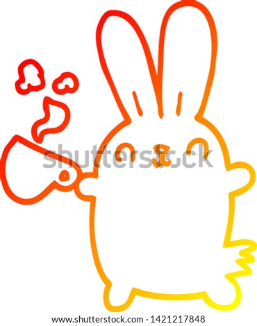 warm gradient line drawing of a cute cartoon rabbit with coffee cup