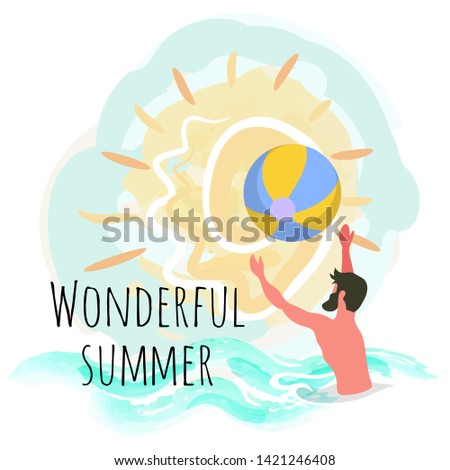 Wonderful summer, man playing ball in water, tossing and catching it, isolated vector label. Activity funny summertime. Side view of male with beard, splashing or training in pool