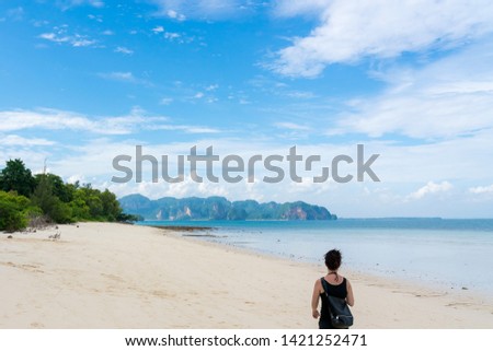 happy young cute girl relaxing woman resting women hipster guiding 
female travelling planning stuff accessories items long weekend idea 
at beautiful tropical beach PP Island Krabi Phuket Thailand
