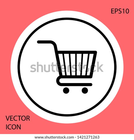 Black Shopping cart icon isolated on red background. Online buying concept. Delivery service sign. Supermarket basket symbol. White circle button. Vector Illustration