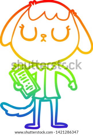 rainbow gradient line drawing of a cute cartoon dog wearing office shirt
