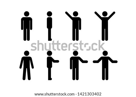 Man standing set, stick figure human. Vector illustration, pictogram of different human poses on white Royalty-Free Stock Photo #1421303402