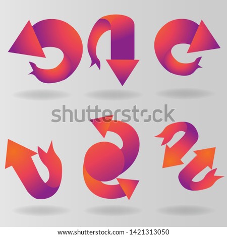 Ribbon arrows set, six interface  decoration elements for web and print, simple refresh icons, reloader vectors in red  purple. 