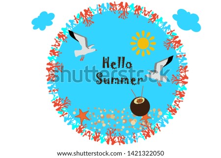 
sun, corral, sky, clouds, seagull, starfish, coconut cocktail in a blue circle on a white background