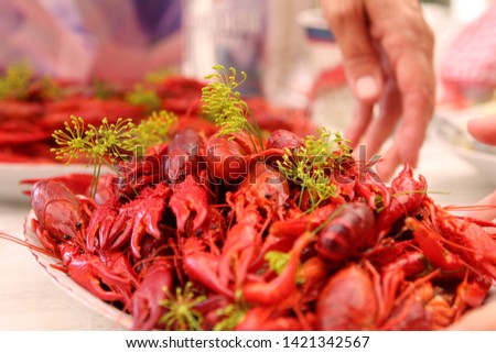 Traditional swedish crayfish, lobster and crab party dinner Royalty-Free Stock Photo #1421342567