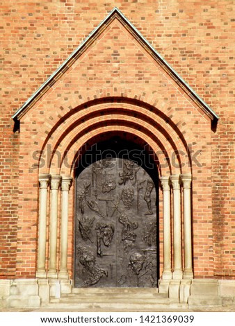 Stunning Front Gate of Roskilde Cathedral in Sunlight, Historic place in Roskilde, Zealand Island, Denmark