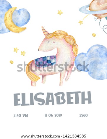 Cute woodland animals cartoon illustration for baby shower card template. Greeting, born, invite design card watercolor cute animal unicorn. Colorful and beauty clip art for kid. Birthday postcard