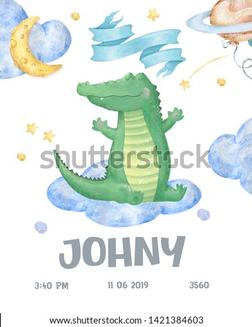 Cute woodland animals cartoon illustration for baby shower card template. Greeting, born, invite design card watercolor cute animal croc dandy. Colorful and beauty clip art for kid. Birthday postcard