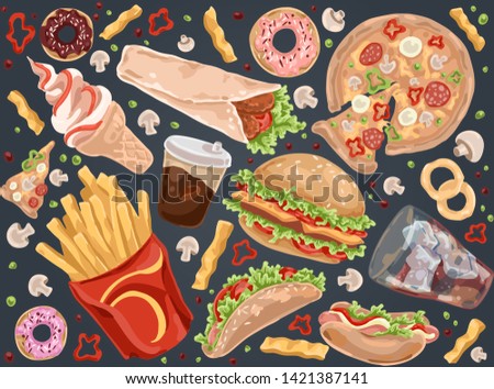 Street meal, french fries, pizza, hamburger, takeaway service, coffee, hot dog, burrito, ice cream, quick lunch set