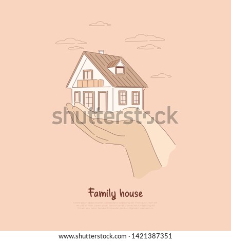 Two hands holding house, paying off mortgage, insurance on real estate, renting living space, buying dream home banner