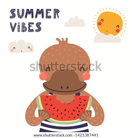 Hand drawn vector illustration of a cute platypus eating watermelon, with lettering quote Summer vibes. Isolated objects on white background. Scandinavian style flat design. Concept for children print
