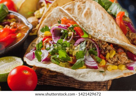 Tasty mexican burrito close up