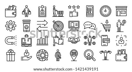 Buyer icons set. Outline set of buyer vector icons for web design isolated on white background Royalty-Free Stock Photo #1421439191