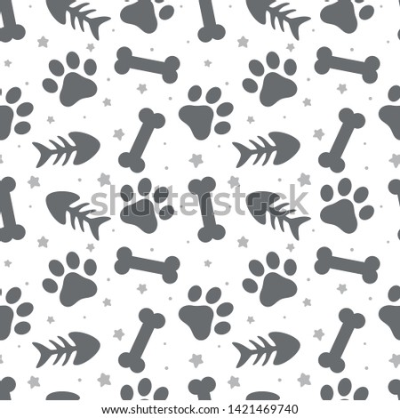 pet paw, fish bone and dog bone seamless pattern background, 
animal vector illustration